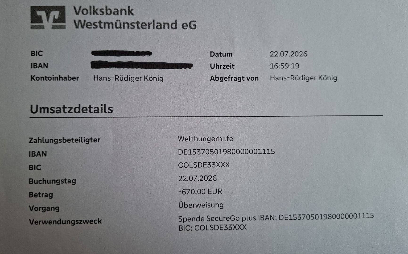Ueberweisung Welthungerhilfe